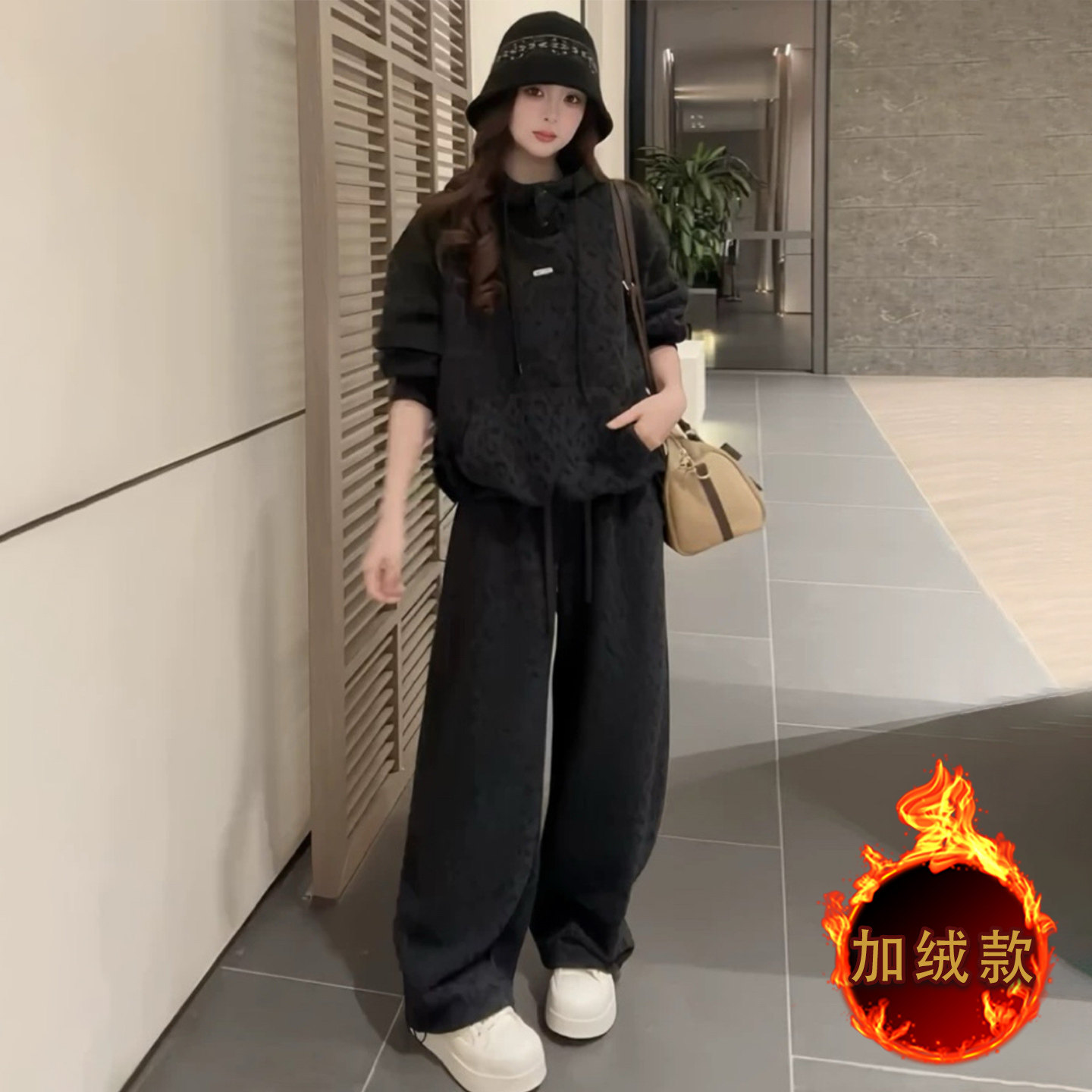 潮流休闲时尚套装女秋冬新款高级感豹纹连帽长袖卫衣直筒裤两件套,女装套装/套裙,2C310