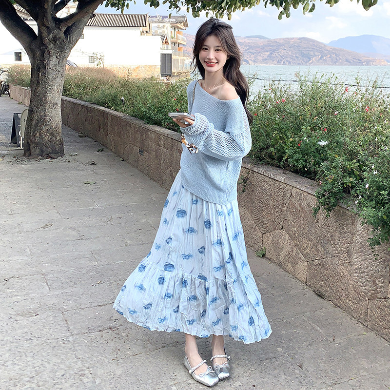 温柔系穿搭镂空针织上衣半身裙套装女春季2025新款绝美减龄两件套,女装套装/套裙,2C159
