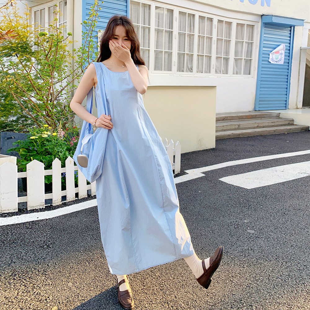 蓝色韩系简约休闲无袖连衣裙女2025夏季新款时尚松弛感时髦背心裙,女装连衣裙,2C135