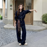 2026新款牛仔连体裤配腰带丝巾三件套2D009-2591P165控238，女装连体裤，2D009