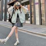 美式学院风棒球服外套女2024年春秋新款撞色拼接薄荷绿设计感上衣，女装短外套，2C088