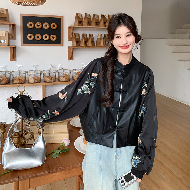 新款现货2025春季新款皮衣拼接刺绣外套098-815P150K218,女装短外套,2C098