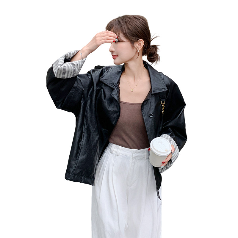 条纹拼接翻领黑色皮衣外套女春秋2025新款小个子PU夹克爆款高级感,女装短外套,2C087