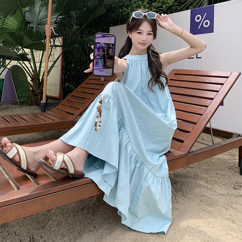 新品！度假风背后镂空设计挂脖仙女长款连衣裙8298P110K158,女装连衣裙,2C060