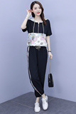 2025夏季新款时尚休闲印花拼接连帽两件套裤，女装套装/套裙，先锋丽姿
