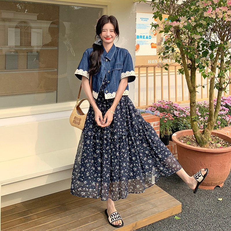 新品现货~蕾丝牛仔衬衫碎花吊带裙两件套 537-P165-K248图片
