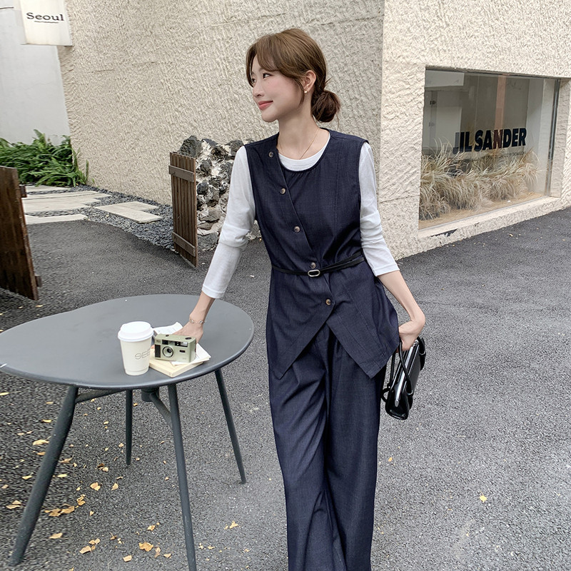 设计感休闲套装女春秋气质百搭马甲衬衫高腰阔腿裤三件套,女装套装/套裙,2C166