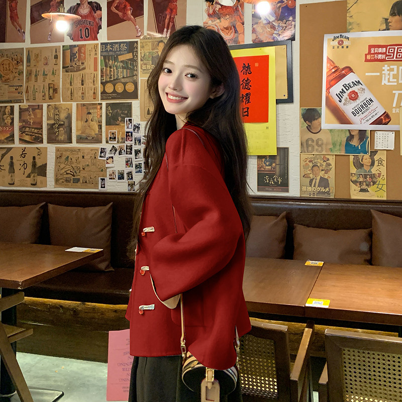 高级感红色圆领短款单排扣双面羊绒大衣女秋冬2024年新款毛呢外套,女装毛呢外套,2C009