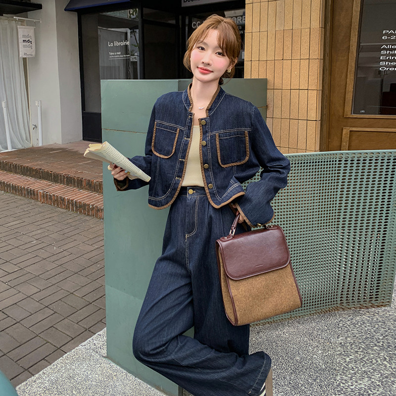 撞色高级感气质牛仔套装2026新款女秋又A又飒阔腿裤小个子两件套,女装套装/套裙,2C159