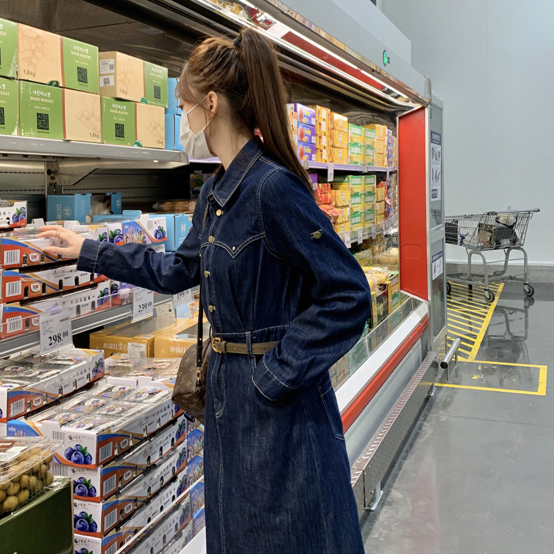 时髦复古牛仔连衣裙女2025春秋新款韩版收腰显瘦小个子百搭衬衫裙,女装连衣裙,2C266