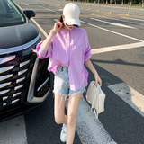 女款春季时尚休闲新款百搭单排扣圆领宽松显瘦纯色长袖灯笼上衣潮，女装衬衫，2C310