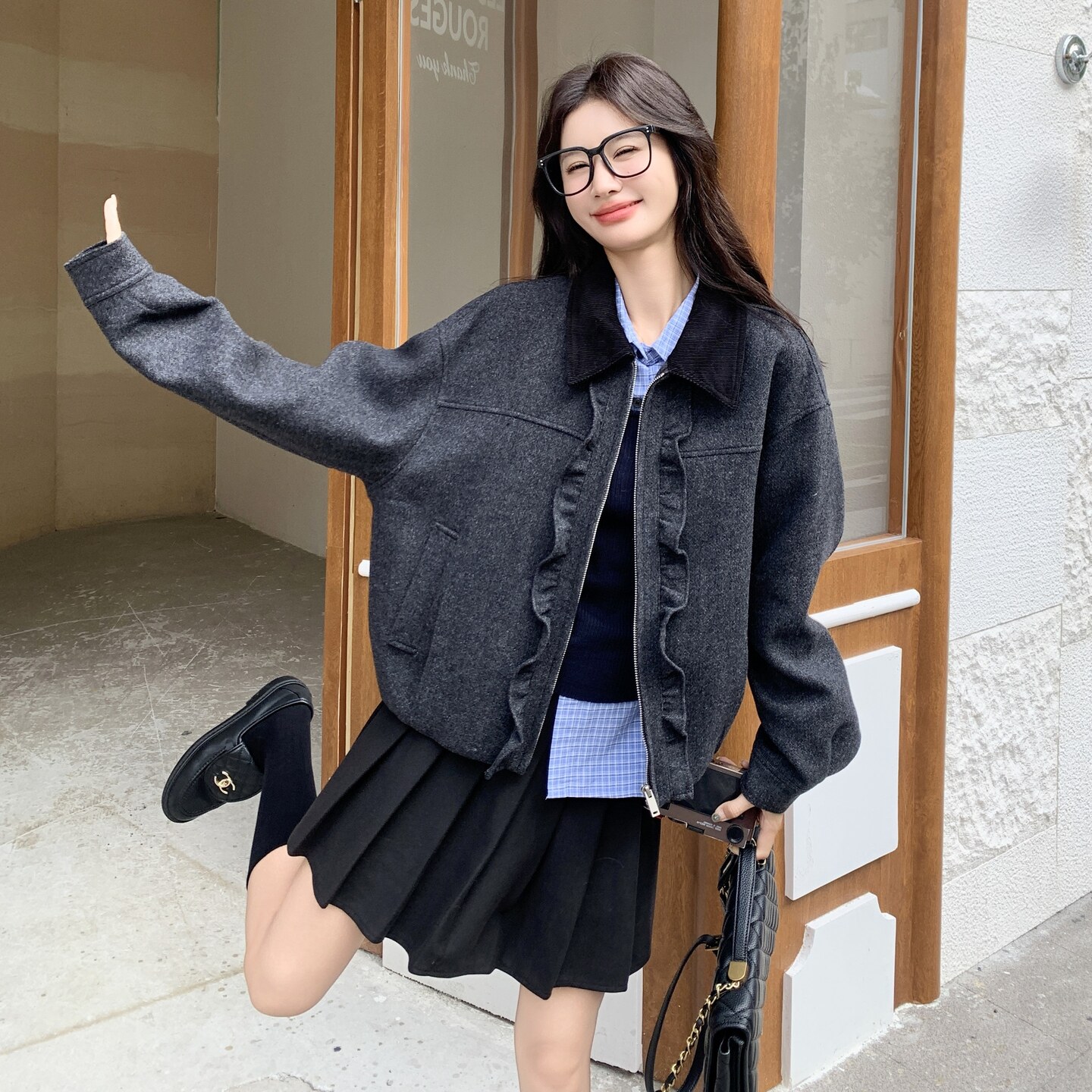 美式复古宽松显瘦翻领工装外套短款夹克女秋冬休闲加厚棒球服,女装短外套,2C166
