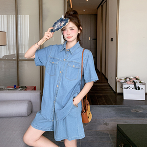 韩版复古牛仔套装女小个子2025夏新款薄款短袖衬衫阔腿短裤两件套图片