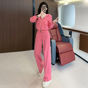 韩版玫红色时尚女秋季新款连帽套装图片