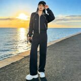 韩版休闲运动套装女秋季新款藏蓝色立领开衫卫衣直筒长裤两件套潮，女装套装/套裙，2C310