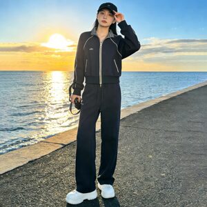 韩版休闲运动套装女秋季新款藏蓝色立领开衫卫衣直筒长裤两件套潮图片