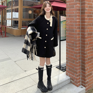 现货2D078-W6729-P225K348 蝴蝶结绑带赫本风呢大衣 内里羽绒90,毛呢外套,2D078