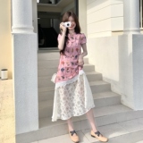 粉色新中式刺绣连衣裙女2025夏季新款高级感蕾丝拼接收腰显瘦长裙，女装连衣裙，2C098
