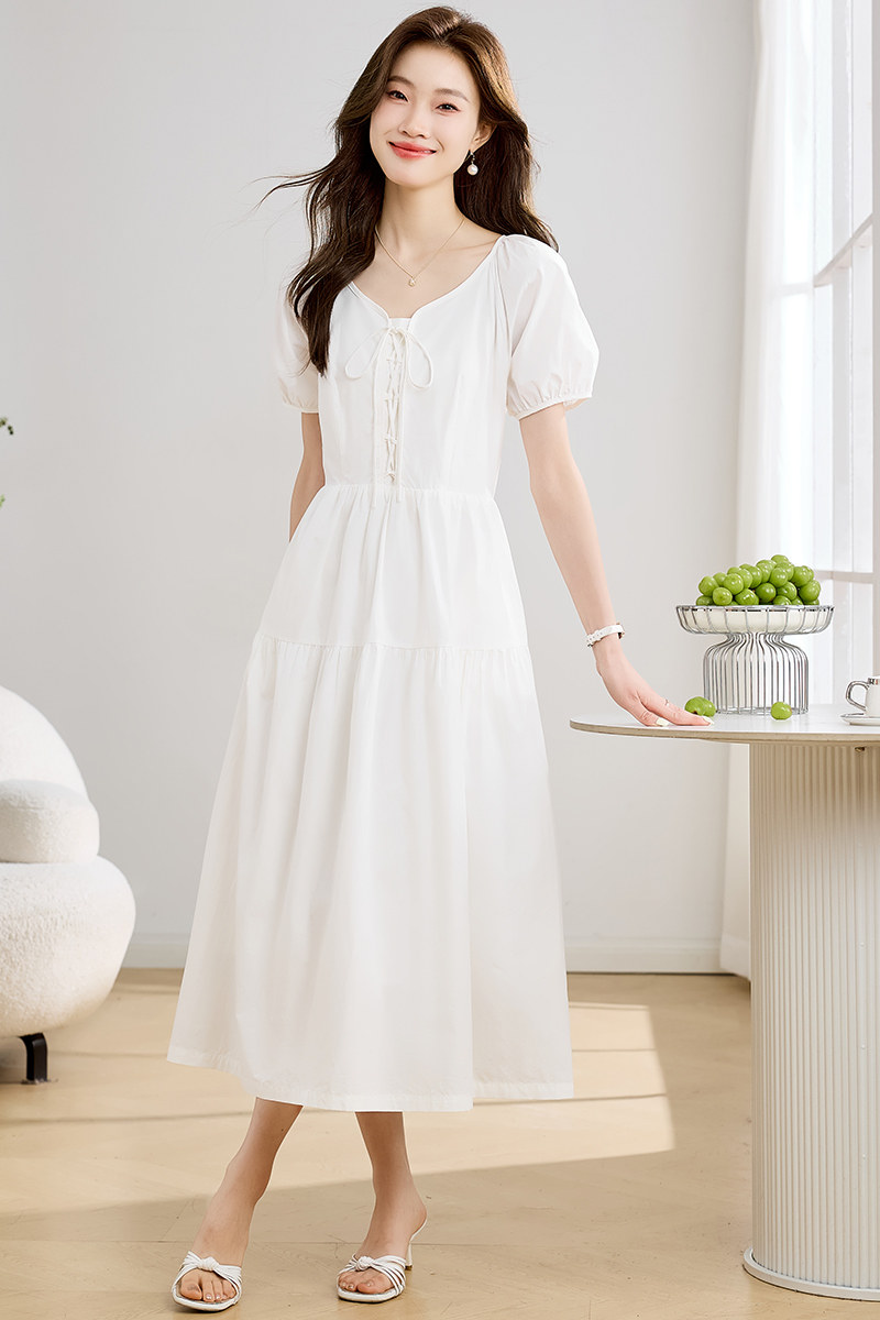 纯棉连衣裙女夏季2025新款法式V领修身收腰显瘦气质减龄长款裙子,女装连衣裙,1D073