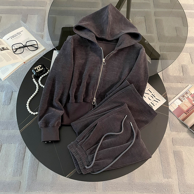 女春连帽拉链开衫阔腿裤两件套图片
