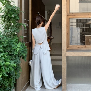 蓝色法式高级感气质独特无袖上衣套装女夏季2025新款阔腿裤两件套图片