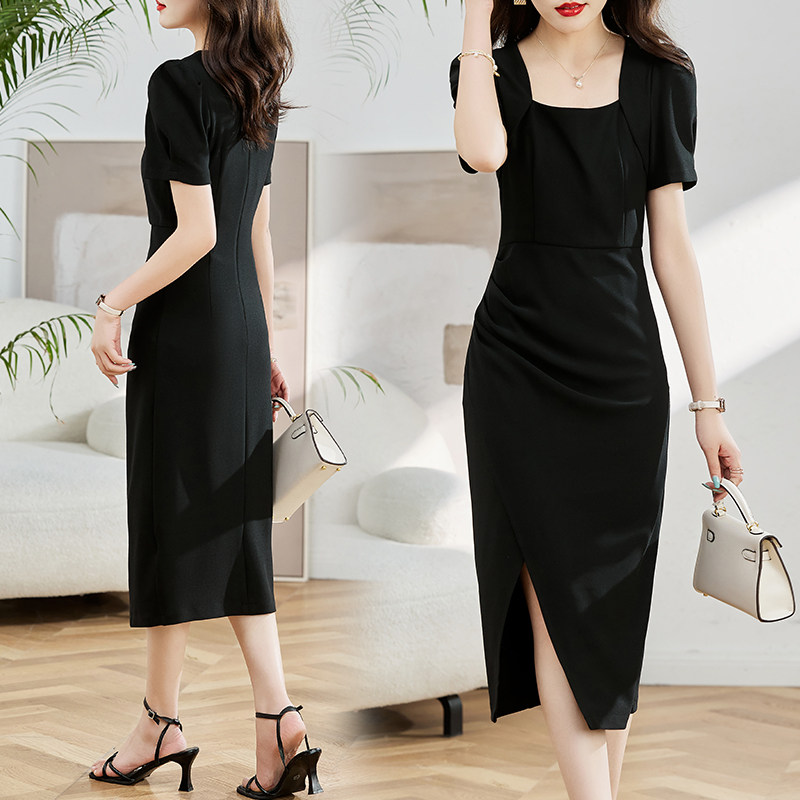现货新款2025年夏季气质淑女方领高级感收腰显瘦法式连衣裙，女装连衣裙，奕可儿,女装连衣裙,奕可儿