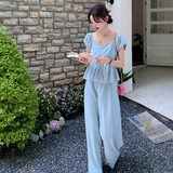 现货泡泡袖抽绳上衣+阔腿裤套装7602-P145-K208，女装套装/套裙，2C159