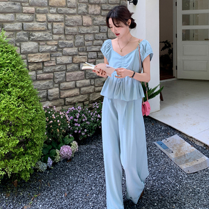 现货 泡泡袖抽绳上衣+阔腿裤套装 7602-P145-K208图片