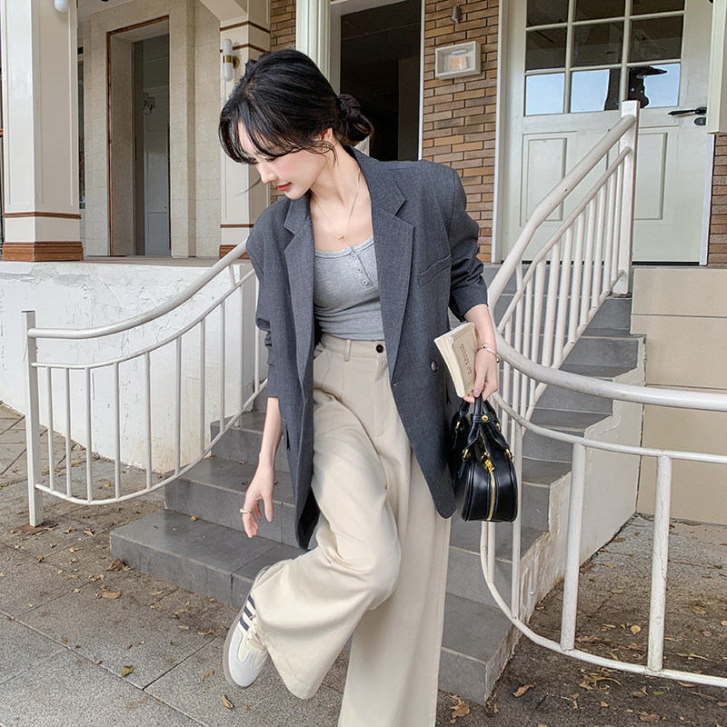 灰色休闲小西装外套女春秋气质小众独特西服轻熟风,女装西装,2C166