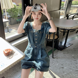 夏季成人厚款连体裤短裤套装收腰肯豆风国风muji风显瘦小个子牛仔，女装连体裤，2C057