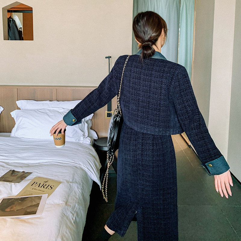 高级贵气感穿搭牛仔拼接藏青色小香风套装女春秋夹克半身裙两件套,女装套装/套裙,2C316