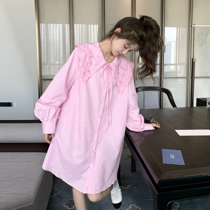 粉色娃娃领条纹连衣裙女2025春新款韩版时尚小个子洋气减龄衬衫裙,女装连衣裙,2C092