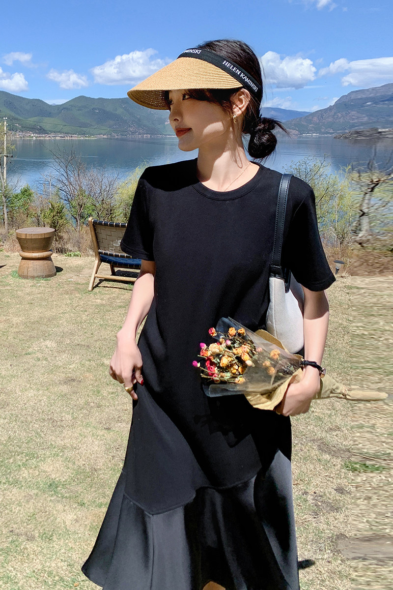 别致绝美网纱拼接t恤连衣裙女夏2025新款小众设计感宽松鱼尾长裙,女装连衣裙,2C316