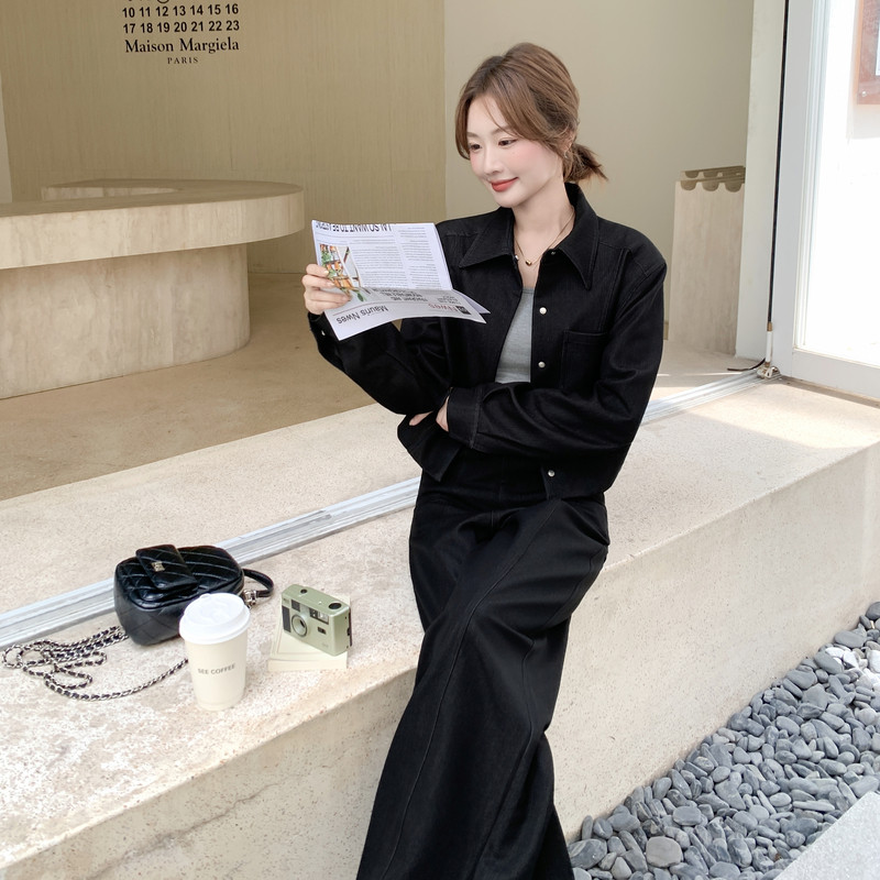 黑色复古高级感通勤套装女2025年春秋季新款显瘦上衣阔腿裤两件套,女装套装/套裙,2C088
