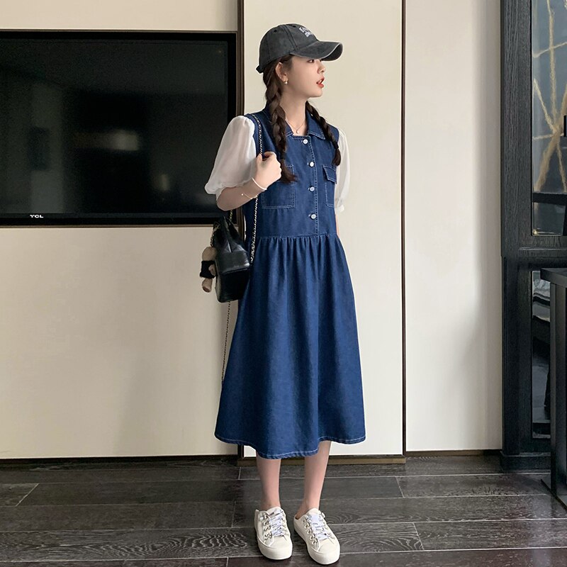 蓝色拼接假两件连衣裙女2023夏新款法式温柔风设计感别致气质裙子,女装连衣裙,2C311