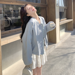 蓝色韩系短款外套女秋季2025新款小个子休闲穿搭宽松高级感夹克图片