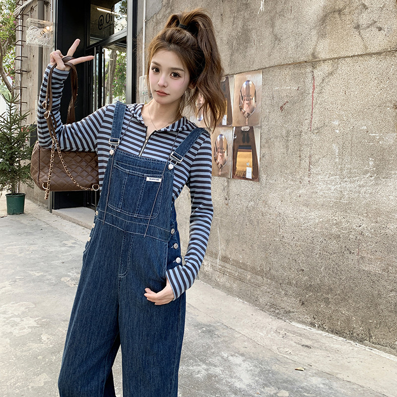 韩系减龄牛仔背带裤女2025春季新款休闲条纹上衣高腰阔腿裤两件套,女装套装/套裙,2C098