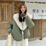 军绿色大毛领连帽派克棉服女冬季加厚保暖牛角扣连帽毛绒短外套，女装派克服，2C166