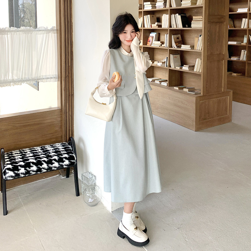 蓝色拼接假两件连衣裙女2025春季新款法式高级感气质显瘦a字长裙,女装连衣裙,2C218