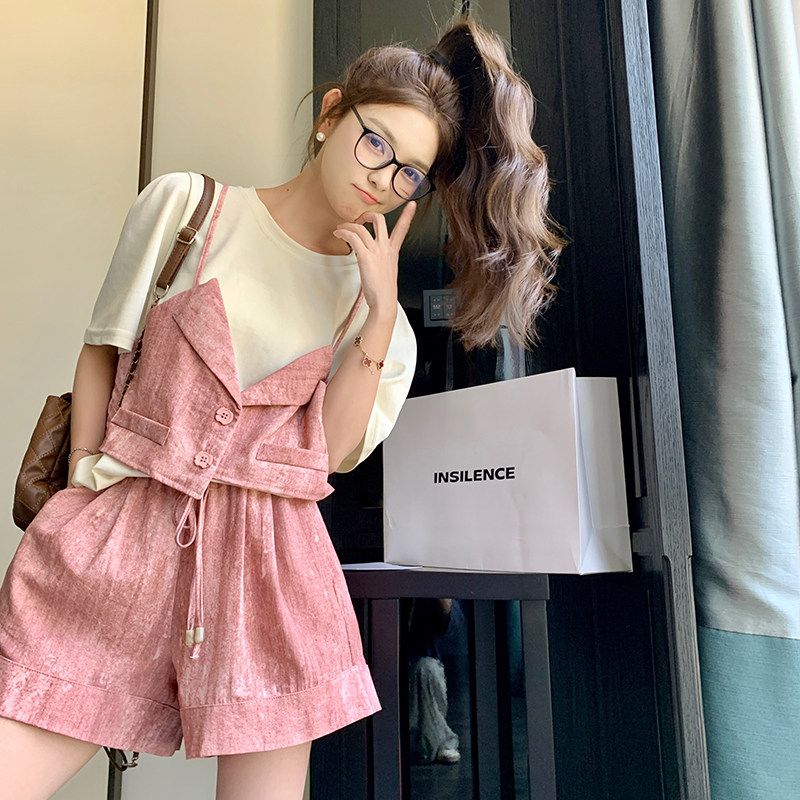 时尚休闲套装女2024新款夏装搭配一整套拼接短袖上衣短裤两件套潮,女装套装/套裙,2D043