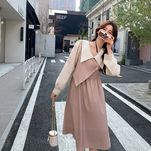 学院风粉色连衣裙女春秋2025新款超火好看高级独特漂亮拼接长裙子图片