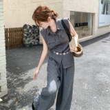 时尚无袖衬衫马甲阔腿裤两件套装女2025夏新款气质显瘦老钱风穿搭，女装套装/套裙，2C290