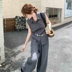 时尚无袖衬衫马甲阔腿裤两件套装女2025夏新款气质显瘦老钱风穿搭图片