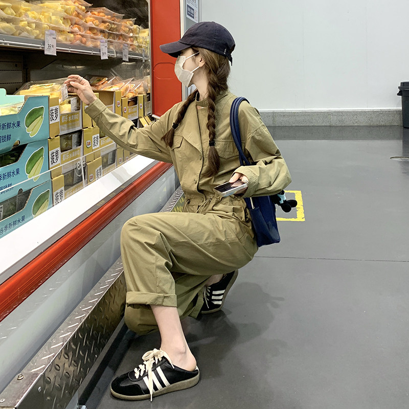 设计感炸街工装连体裤女2025春秋季新款韩系宽松休闲卡其色连衣裤,女装连体裤,2D043