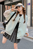 美式学院风棒球服外套女2024年春秋新款撞色拼接薄荷绿设计感上衣，女装短外套，2C088
