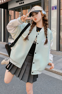 美式学院风棒球服外套女2024年春秋新款撞色拼接薄荷绿设计感上衣图片