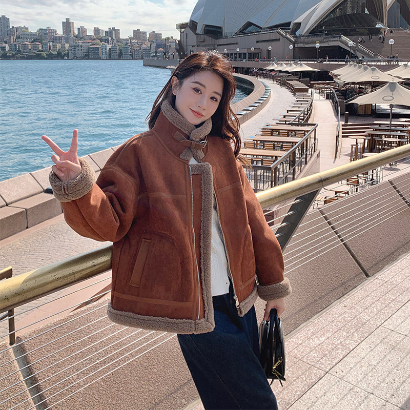 韩版时尚加厚皮毛一体棉衣外套女2025年冬季新款宽松显瘦保暖棉服,女装皮草,2C025