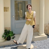 童趣风刺绣撞色黄色马甲阔腿裤套装女2025年夏季新款温柔系两件套，女装套装/套裙，2C166