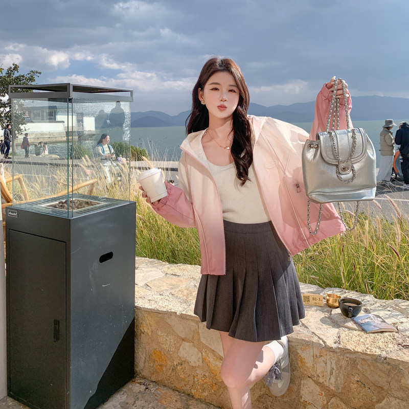 甜美学院风粉色连帽卫衣女春秋2025新款简约百搭休闲裤,女装短外套,2C266