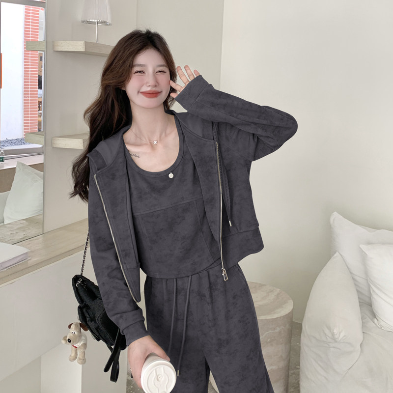 休闲时尚套装女2025新款春秋连帽开衫卫衣穿搭长裤减龄背心三件套,女装套装/套裙,2C266